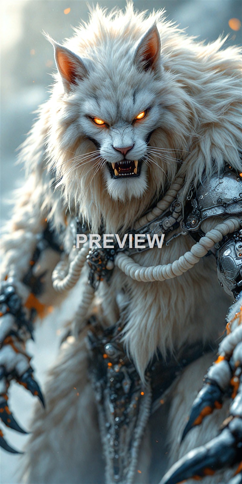 A fierce white feline with glowing orange eyes and bared teeth, adorned with futuristic armor and mechanical elements, appears to be snarling or growling.